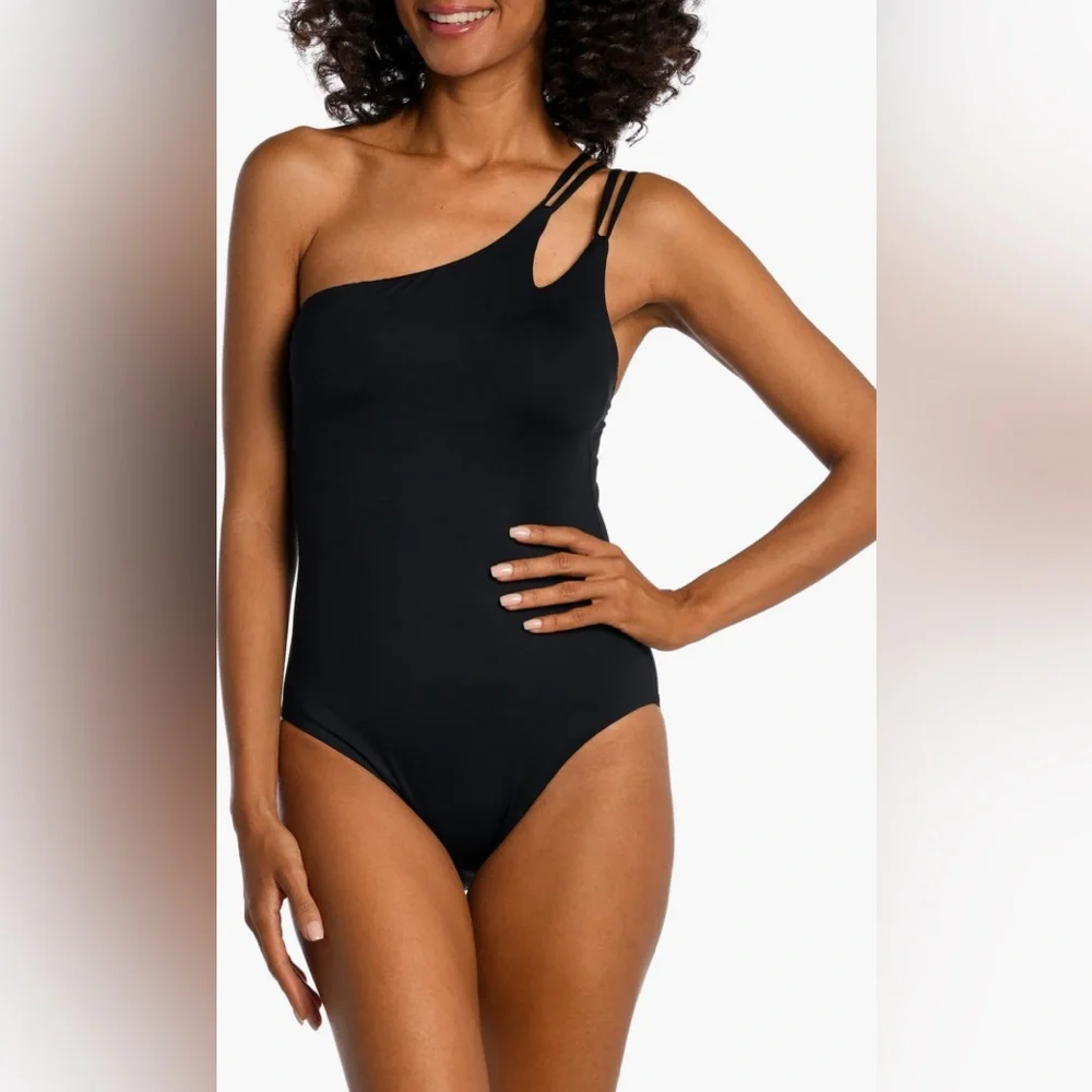 La Blanca Island Goddess Strappy One Shoulder One Piece - Black, size 12, $120 - Picture 3 of 9